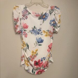 New York & Company White Floral Puff Sleeve Tee with Multicolor Blooms